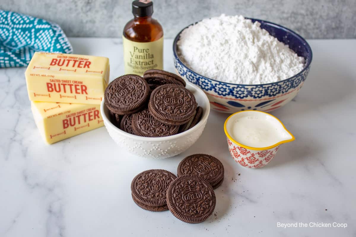 Ingredients for making frosting with oreo cookies. 