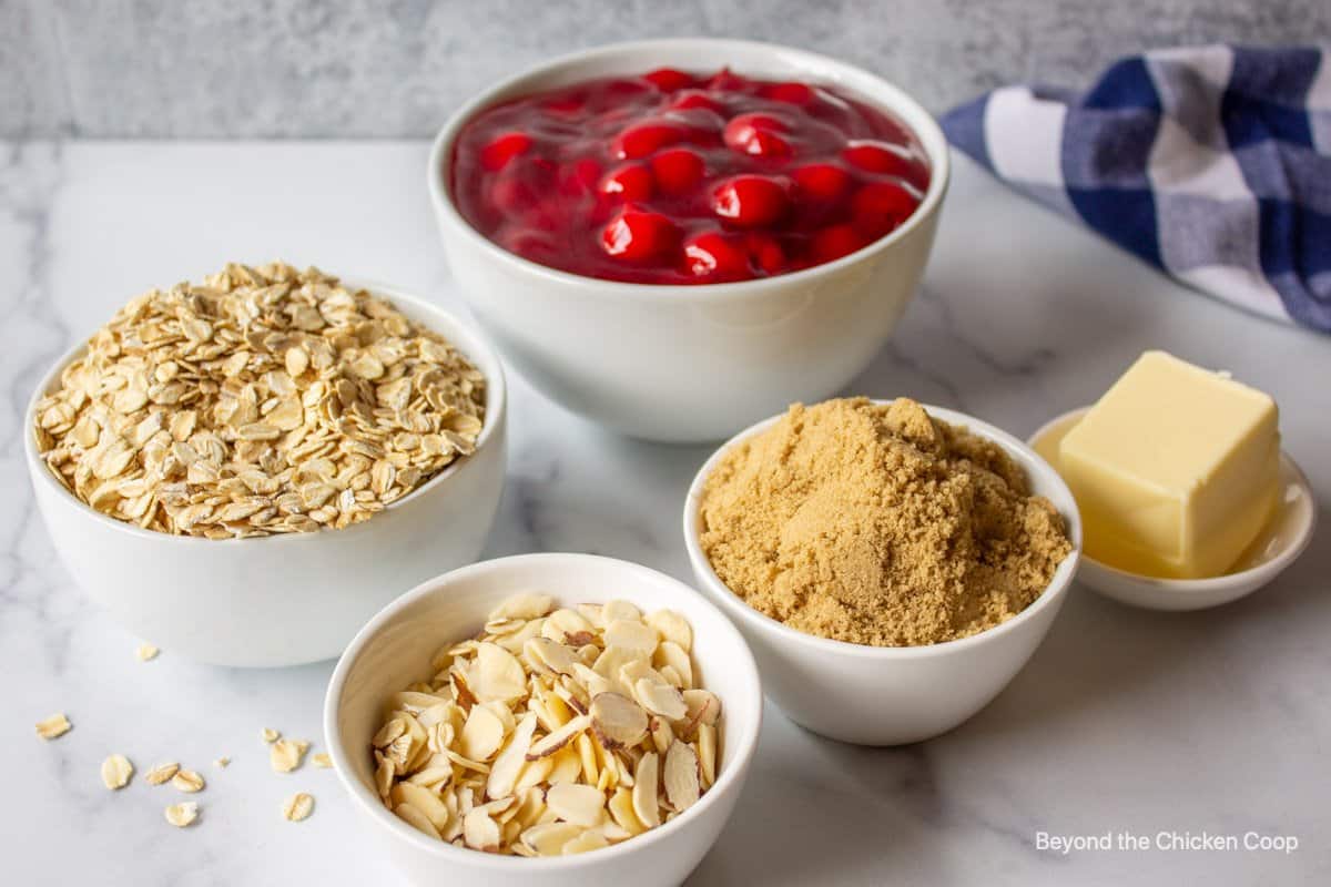 Ingredients for making a cherry crisp.