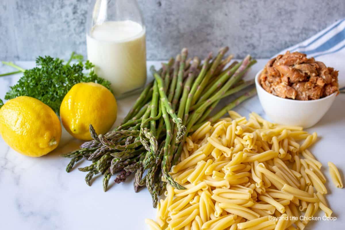 Ingredients for making salmon pasta.
