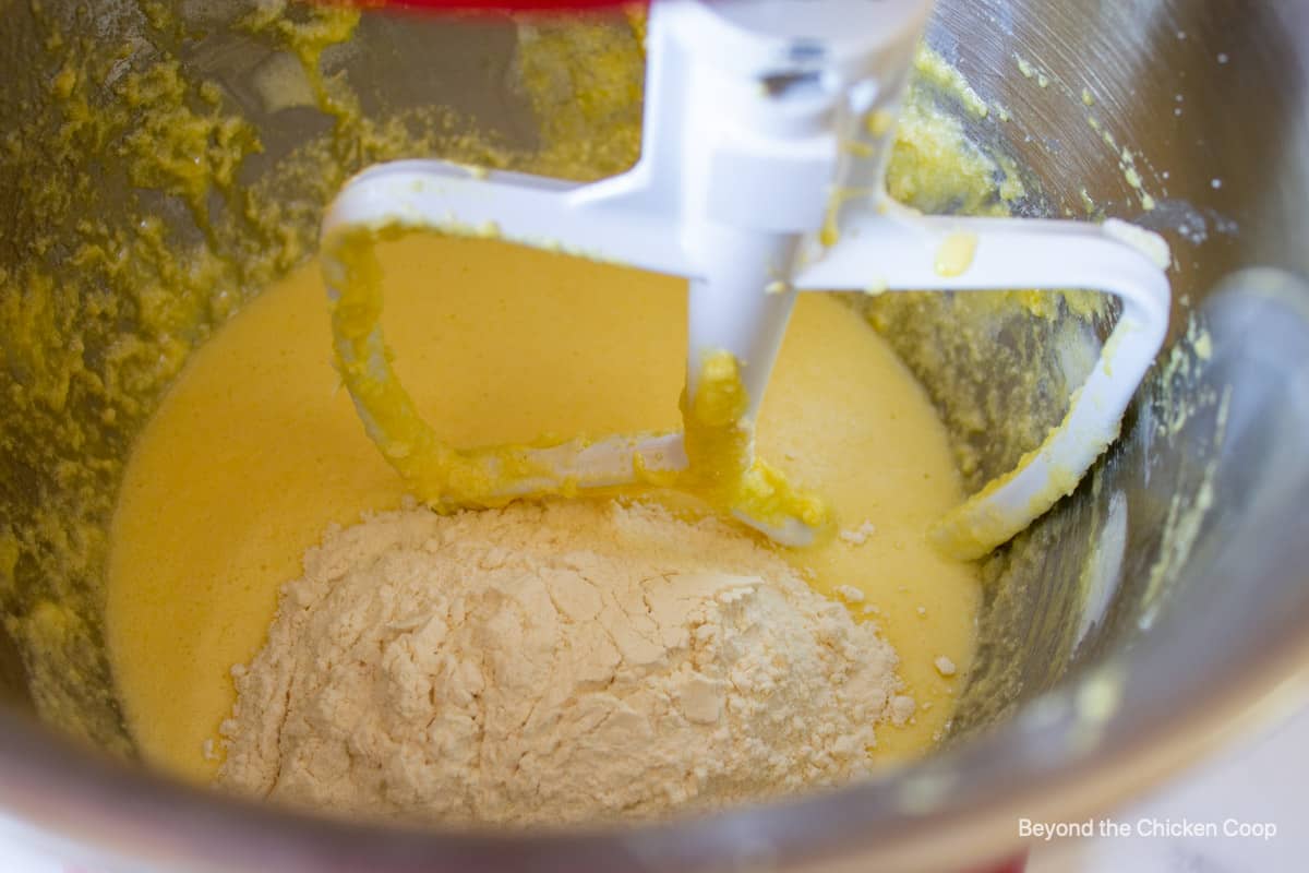 Flour added to cake batter. 