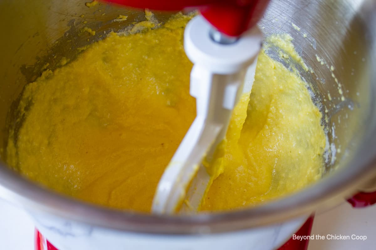 Cake batter in a mixing bowl.