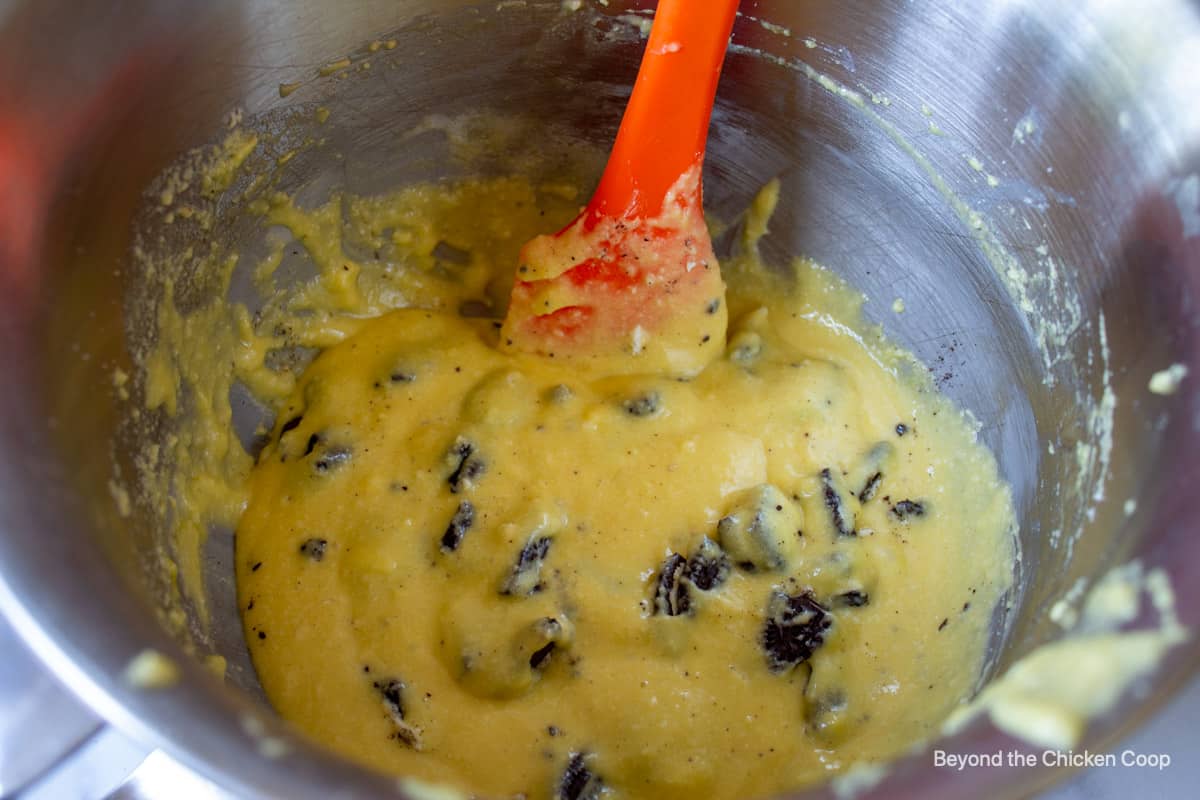 Oreo cookies in yellow cake batter.