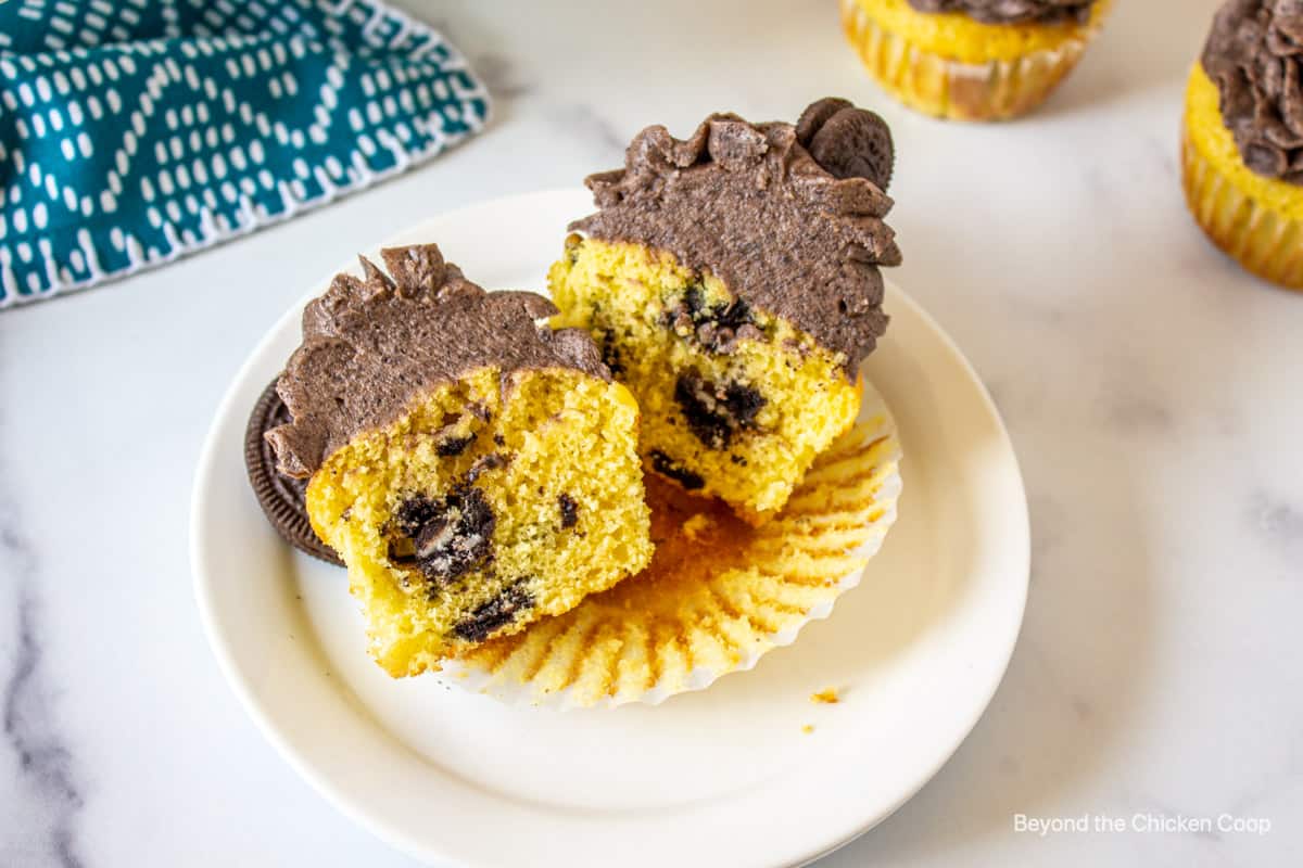 A cupcake cut in half. 