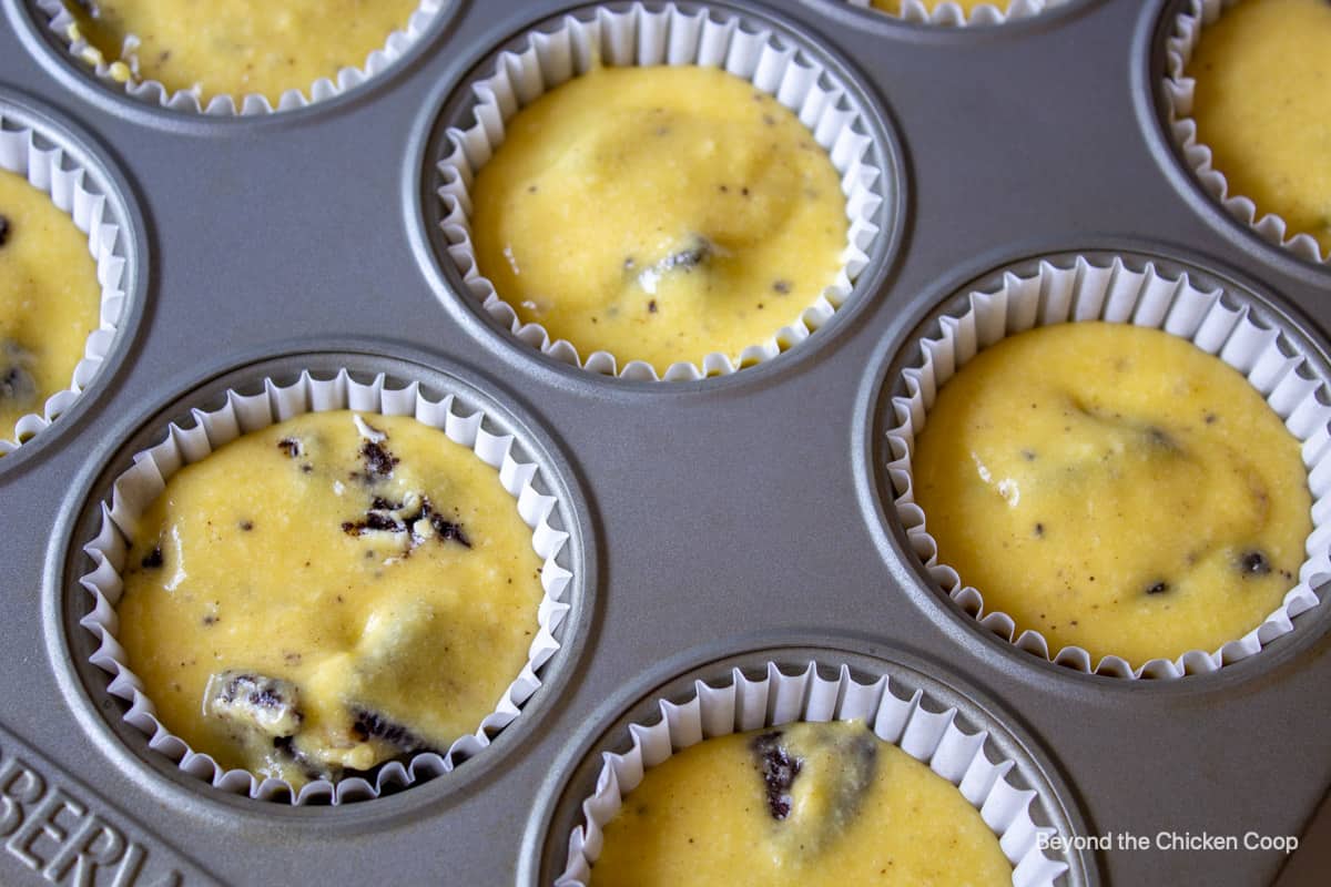 Cake batter in cupcake tins.