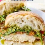 A chicken sandwich with tomato and pesto.