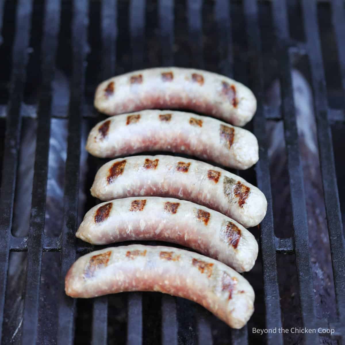 Sausages cooked on one side.