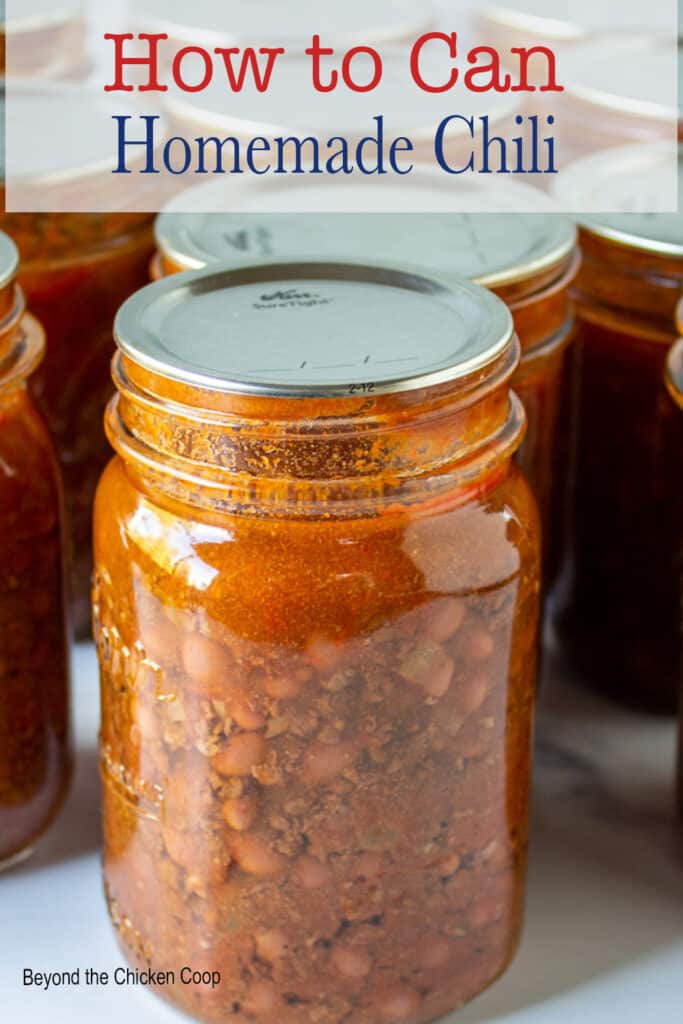 Canning jar filled with chili with beans.