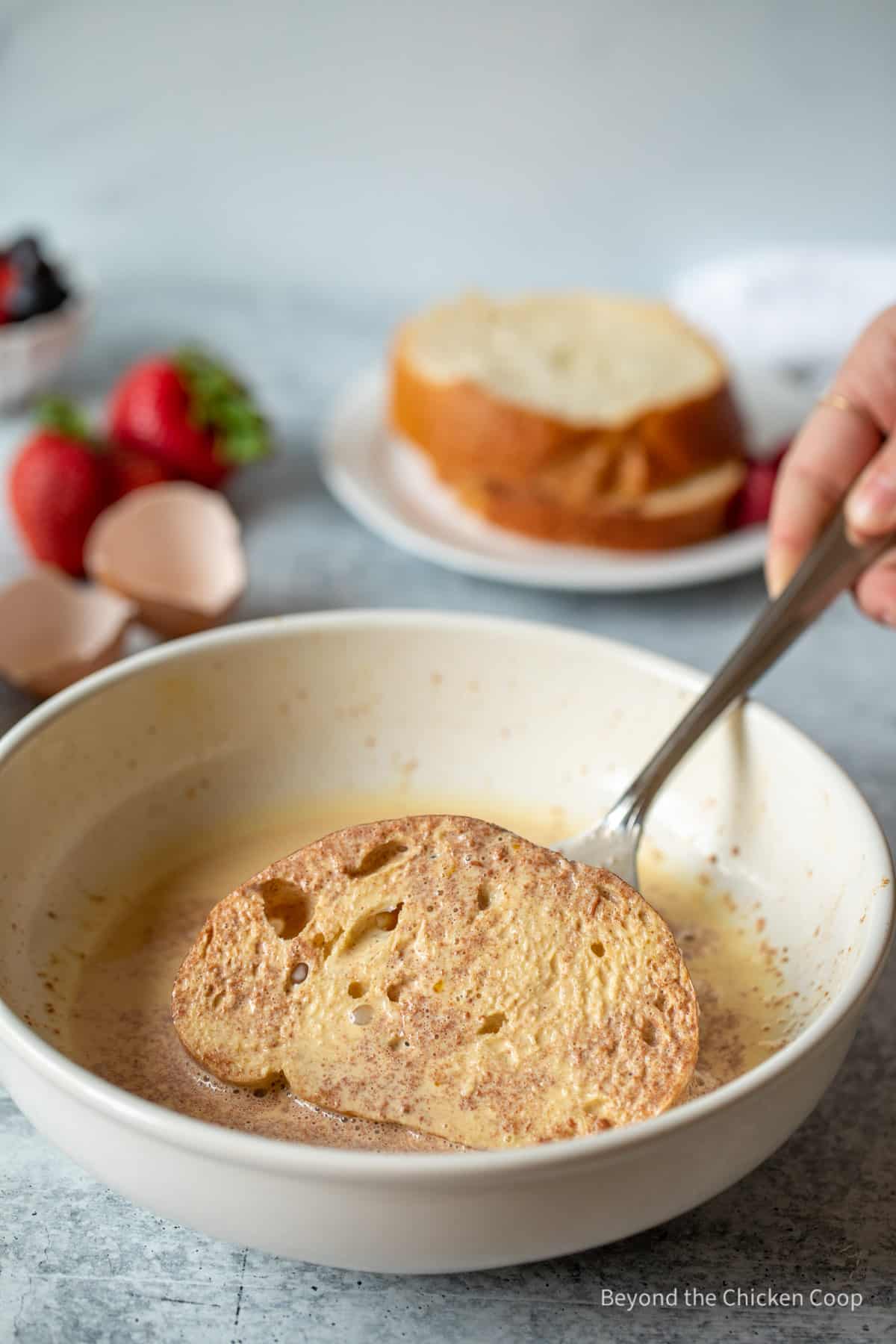 Dipping a slice of bread into a custard mixture.