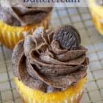 Oreo frosting on a vanilla cupcake.