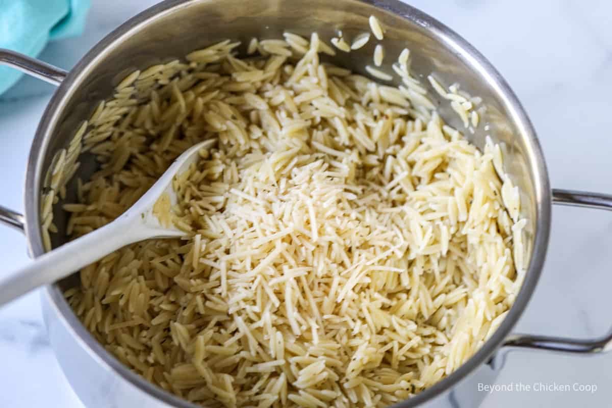 Parmesan with pasta in a pot.