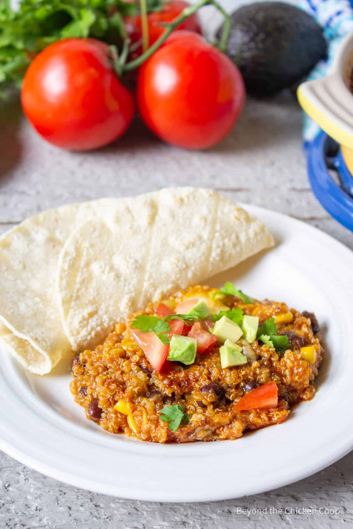 Enchilada casserole on a plate with tortillas.