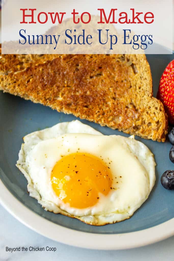 A fried egg on a plate next to a piece of toast.
