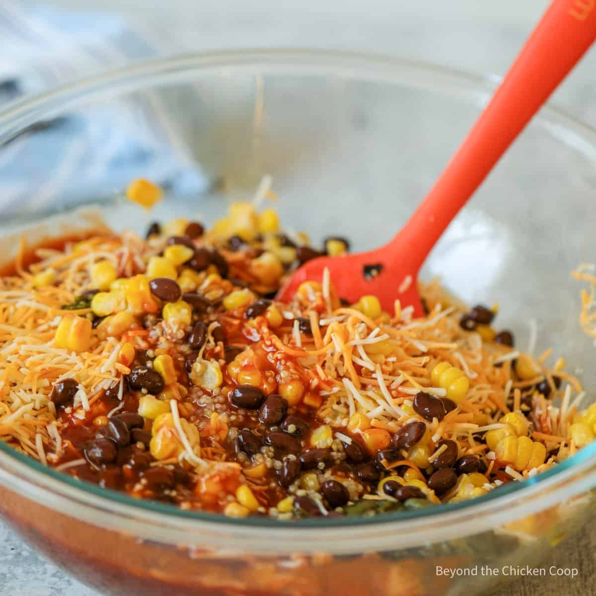 Enchilada filling in a mixing bowl.