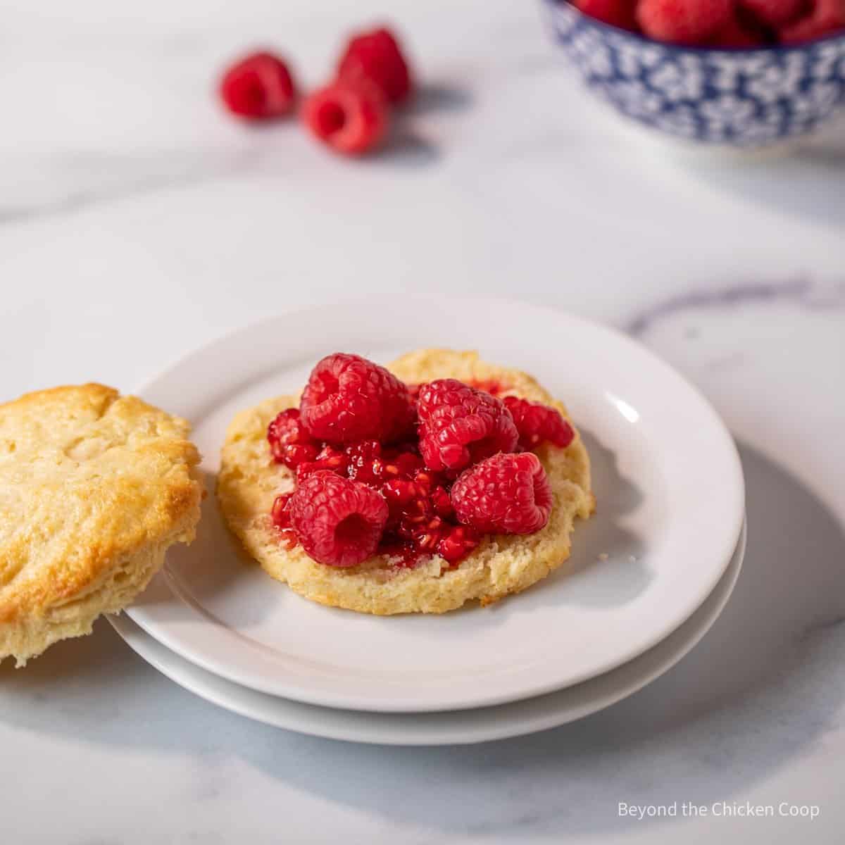 Raspberries on a shortcake.