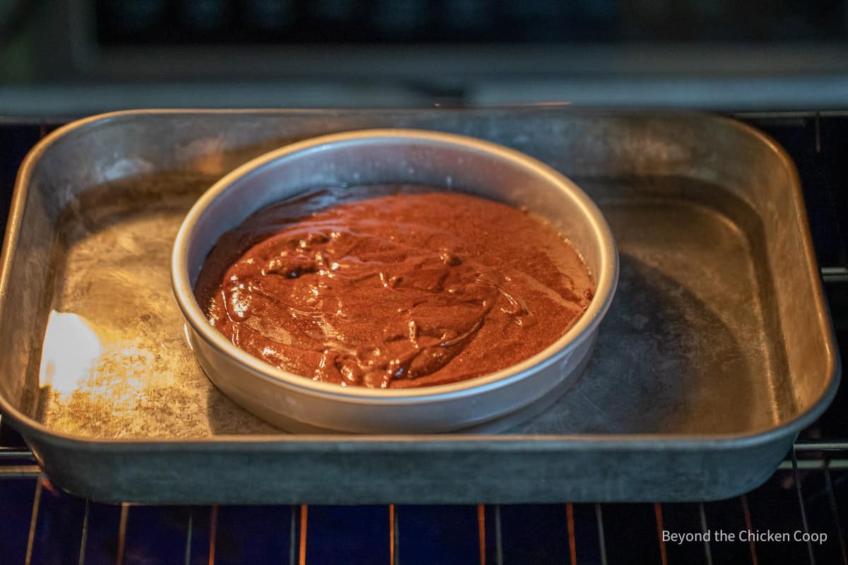 Cake in oven in a water bath.