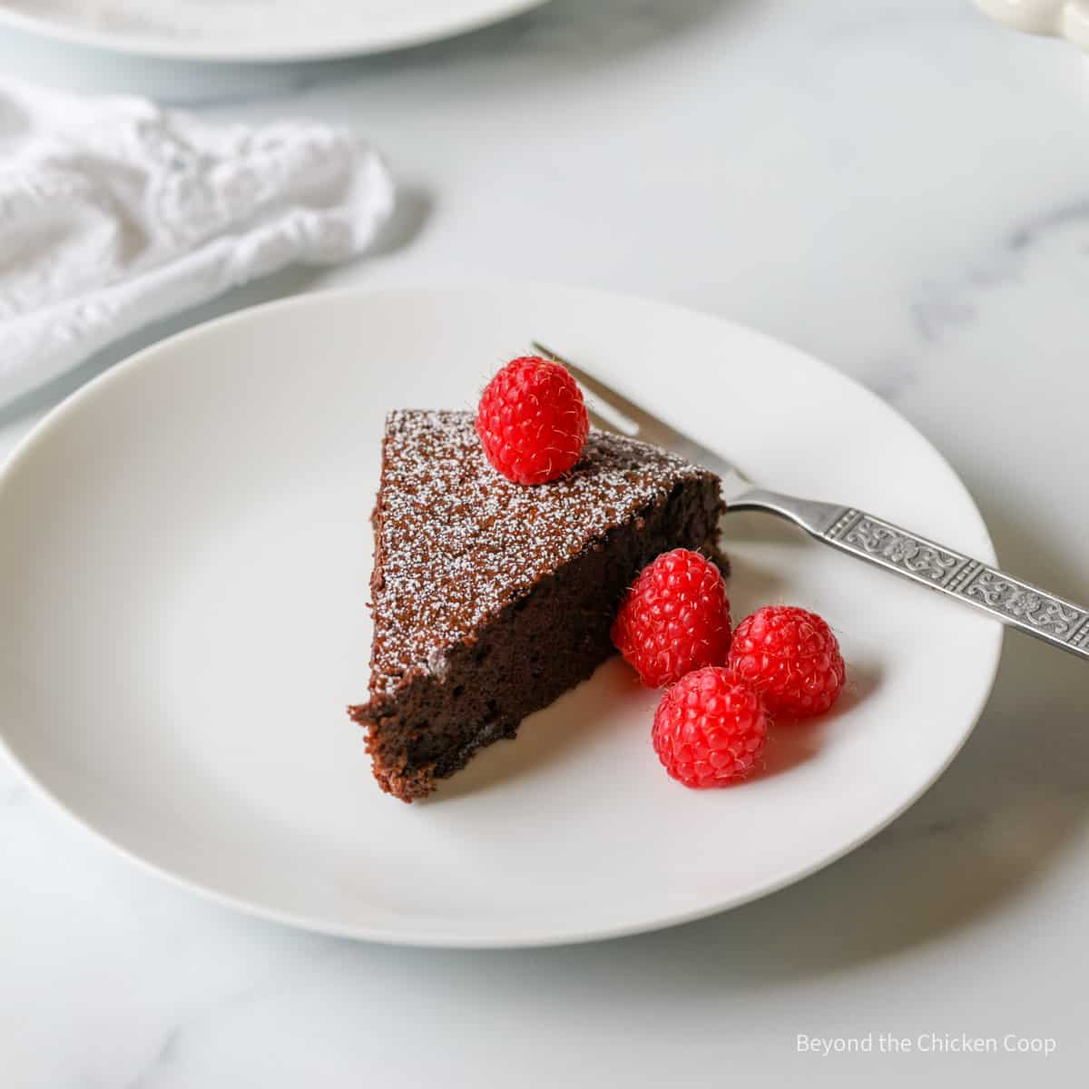 A slice of chocolate cake topped with powdered sugar and raspberries.