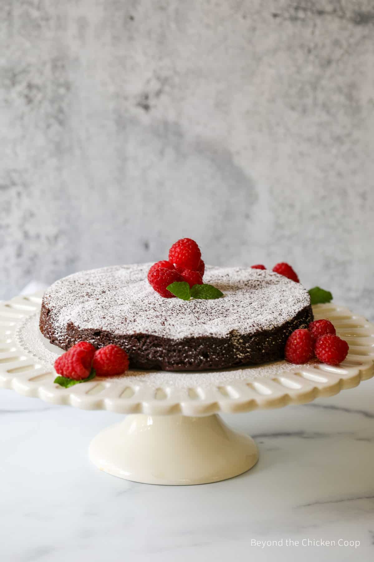 A flourless chocolate cake on a cake stand.