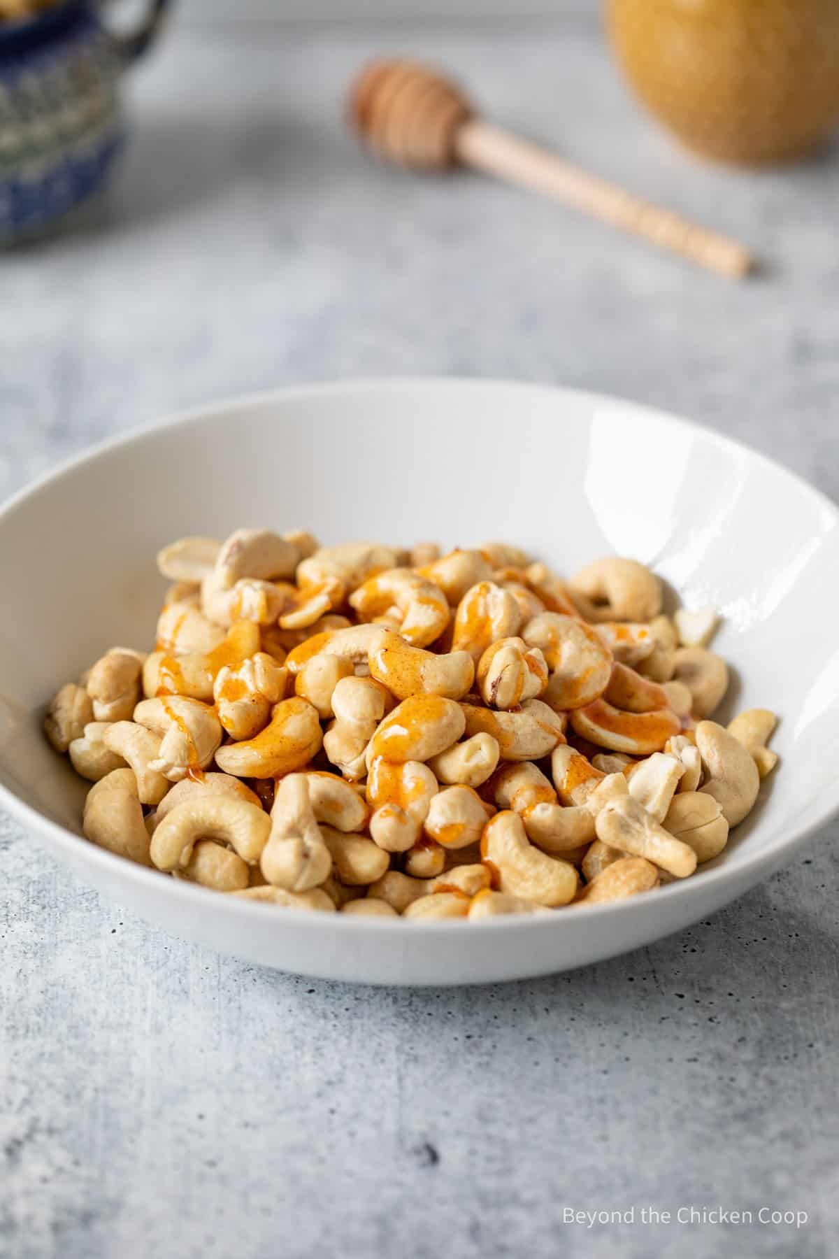 Cashews covered with a honey mixture.