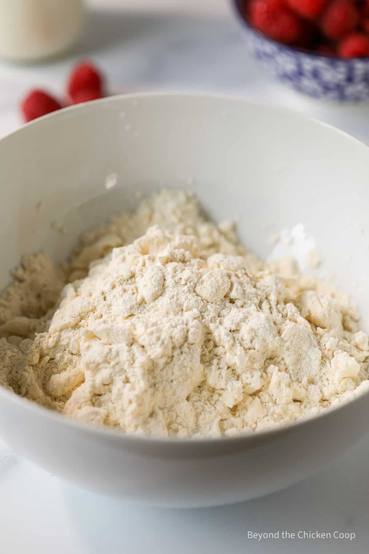Butter mixed into flour in a bowl.