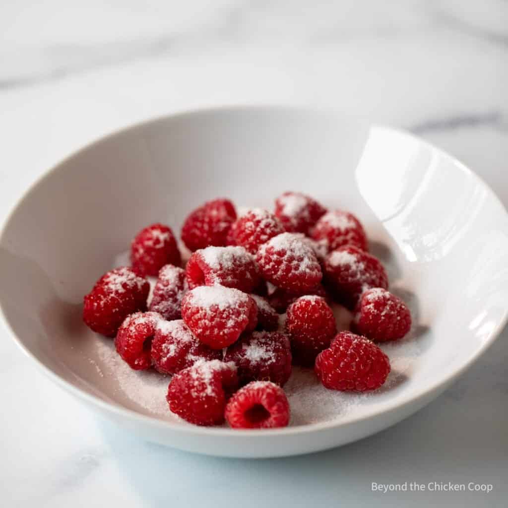 Raspberries and sugar in a bowl.