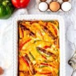 Egg casserole in a white dish.