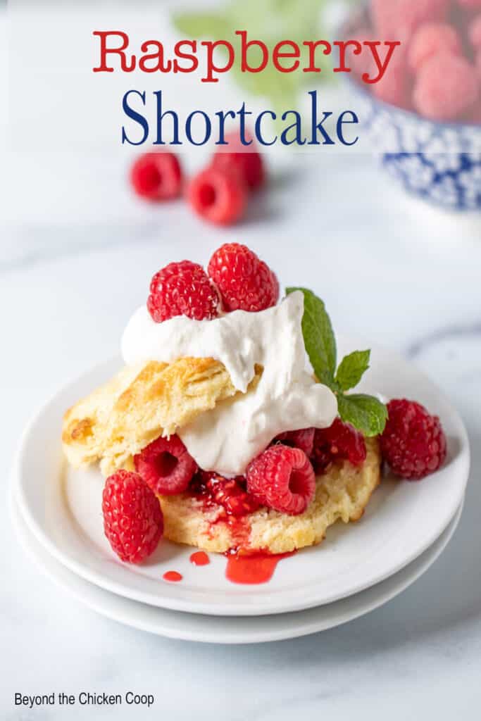 A stack of raspberries, whipped cream and a biscuit.
