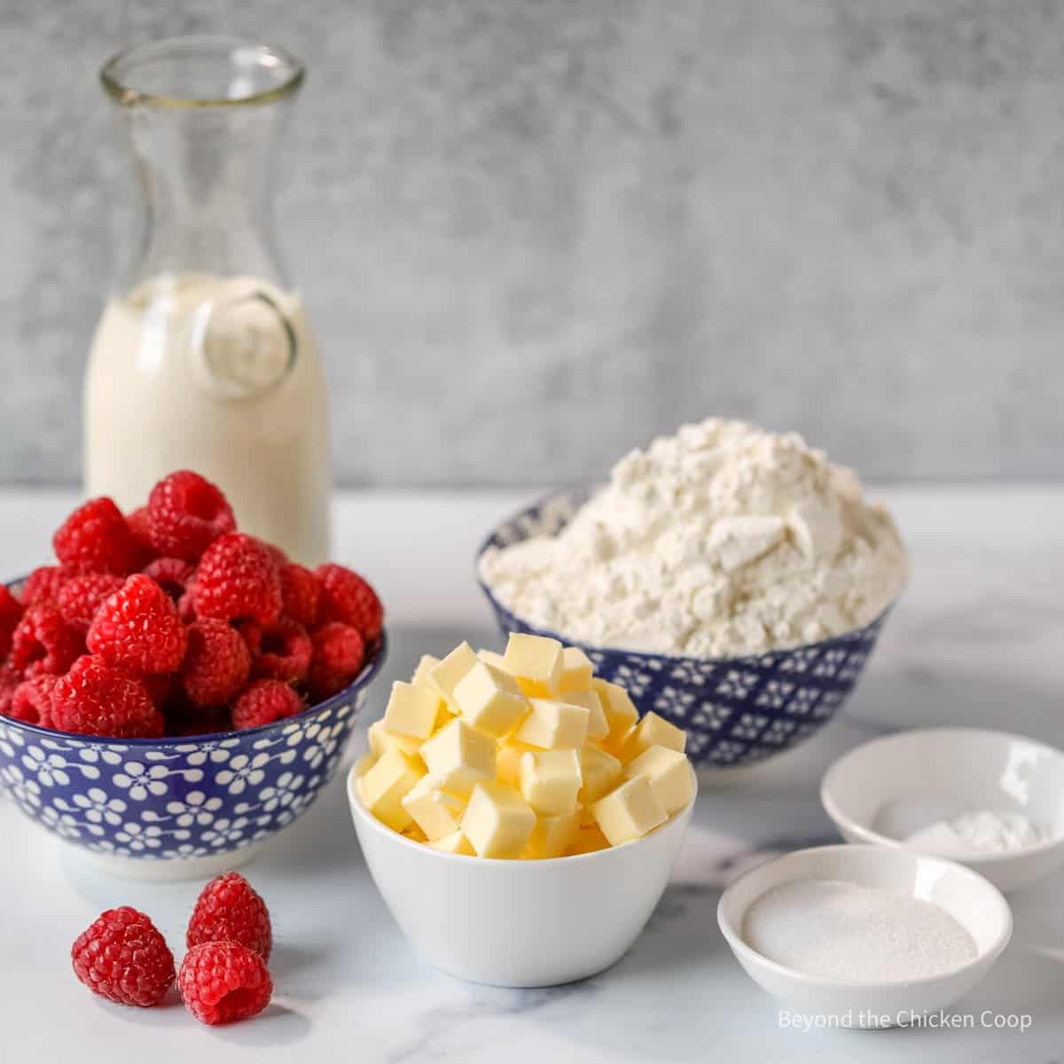 Ingredients for making raspberry shortcakes.