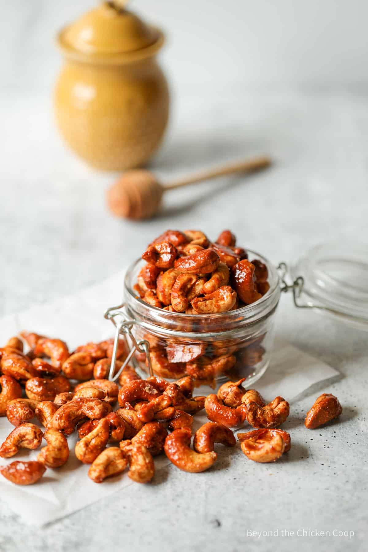 Sweet and salty nuts in a glass crock.