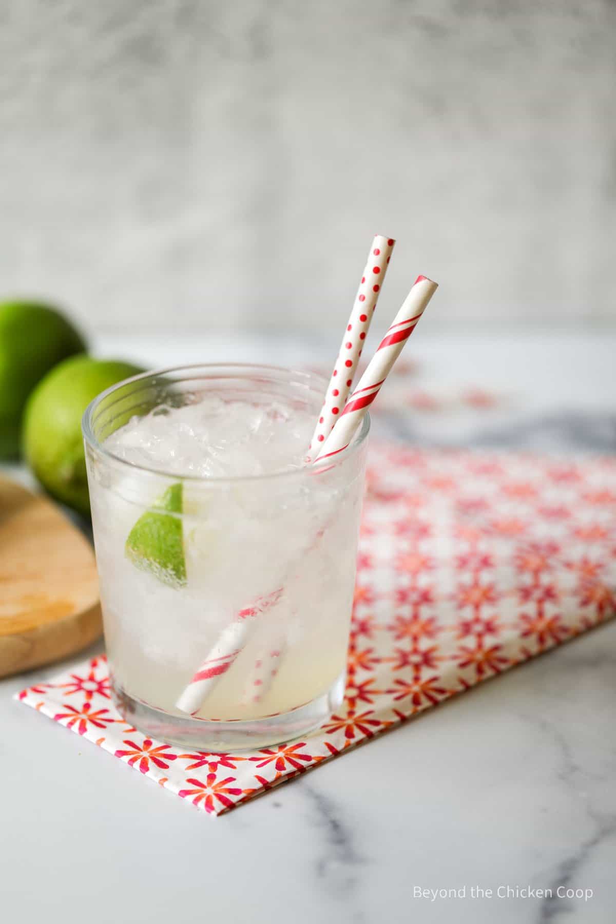 A glass filled with ice, a lime wedge and two straws.