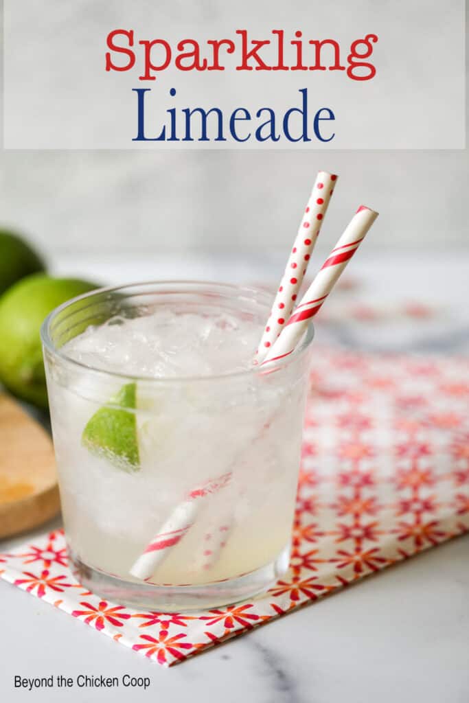 A glass filled with a beverage and topped with a lime wedge.
