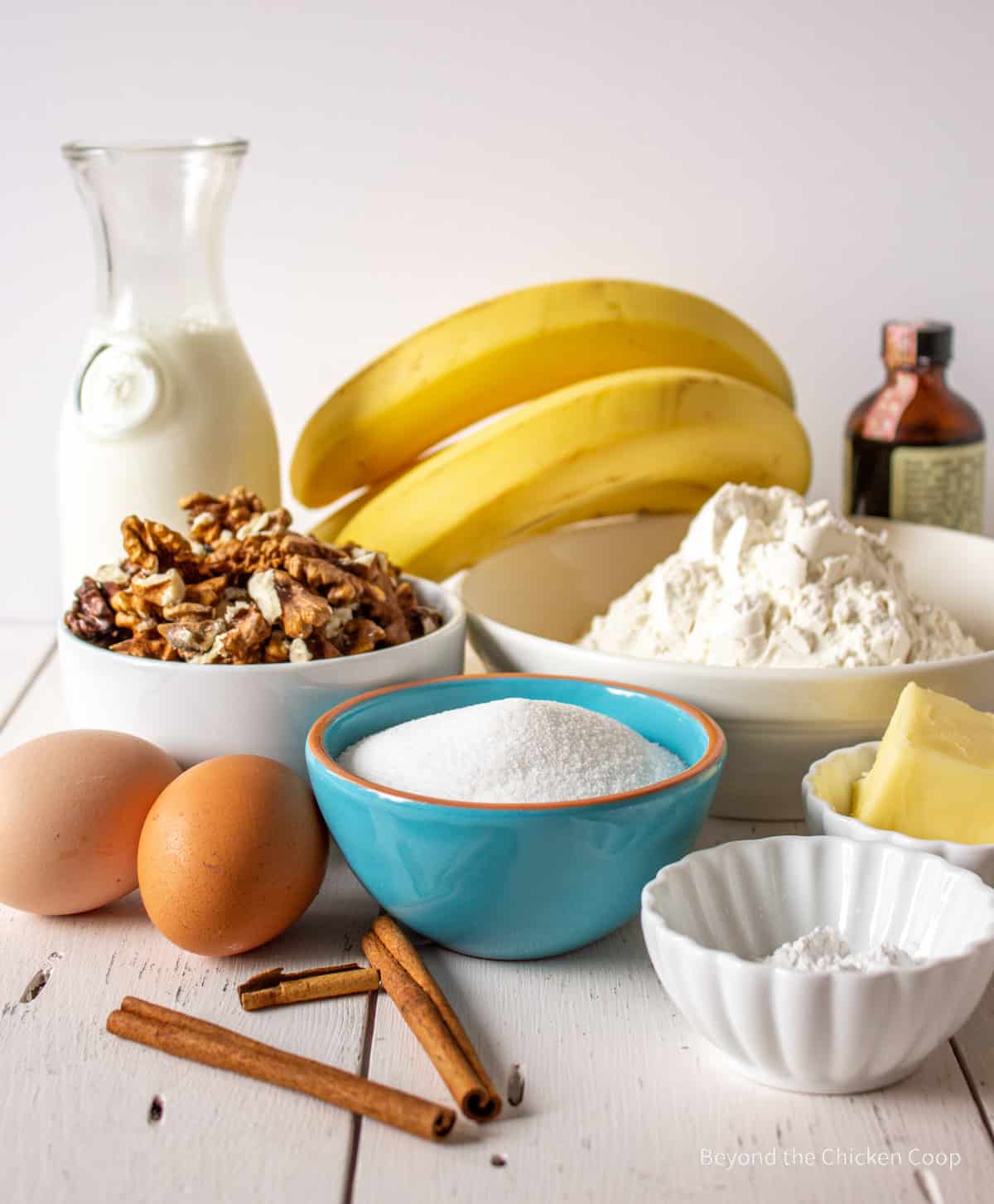 Ingredients for making banana nut muffins.
