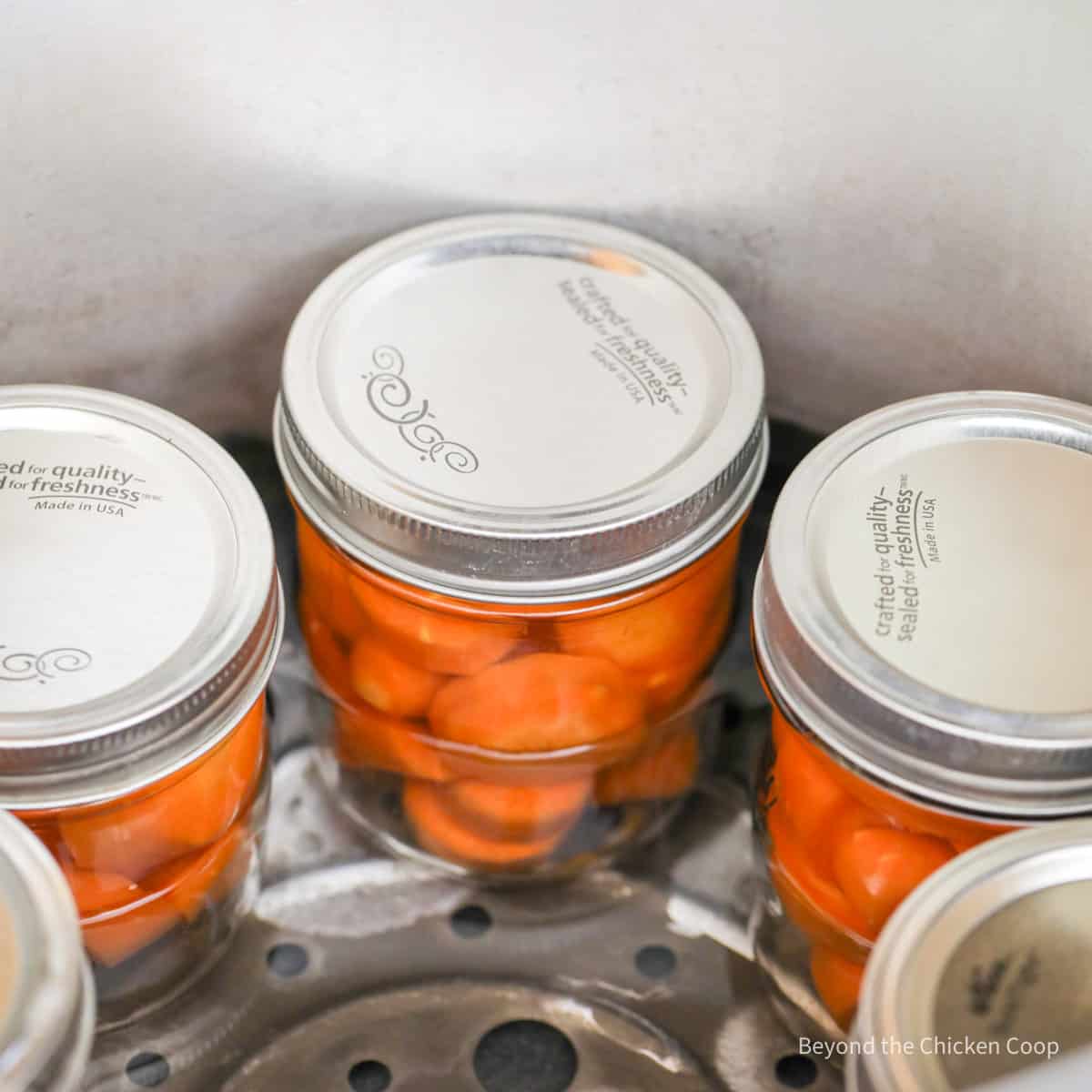 Jars of carrots in a pressure canner.