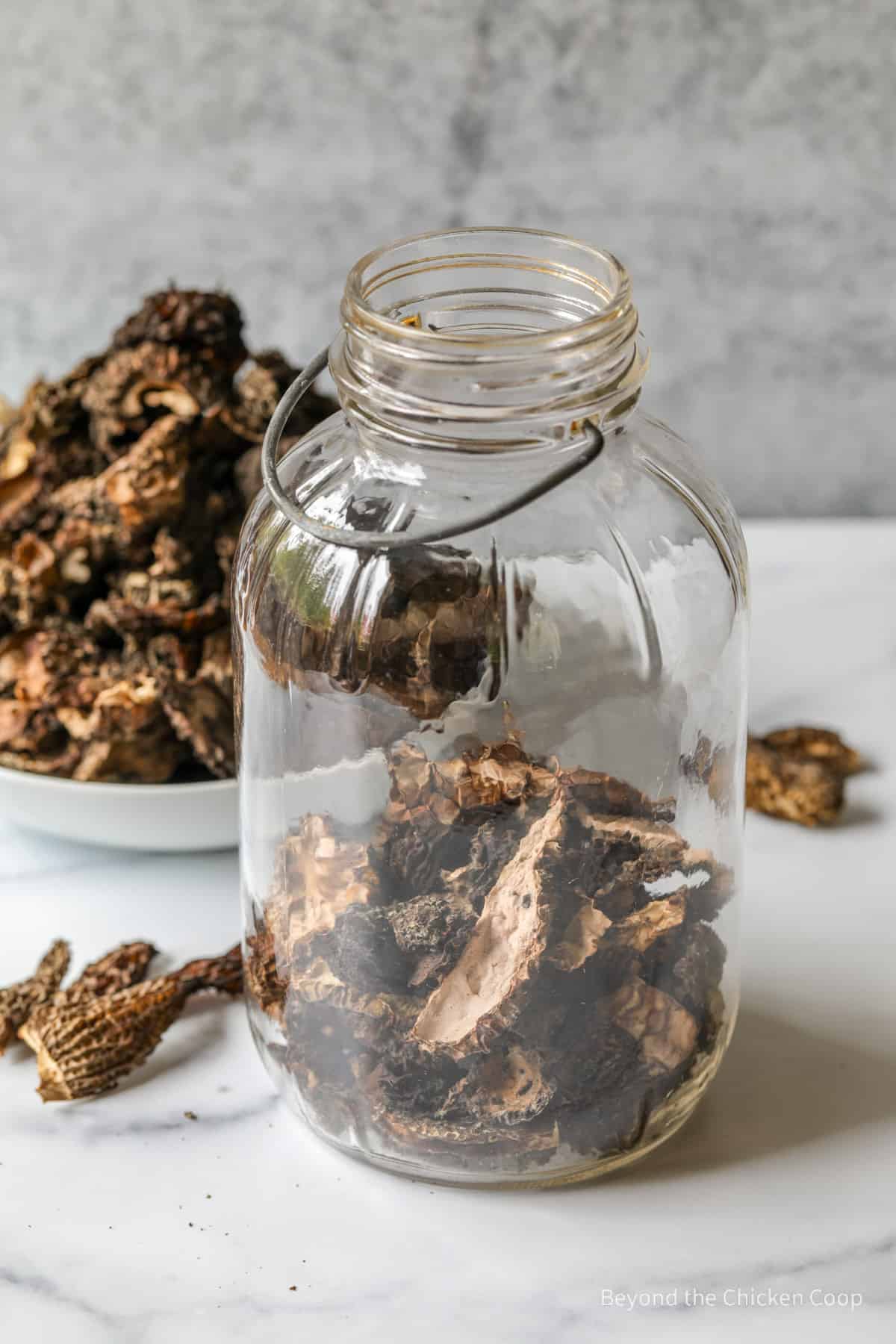 Dried mushrooms in a jar.