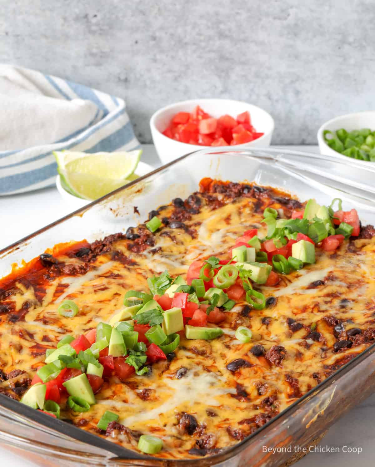 Enchilada casserole garnished with tomatoes and green onions.