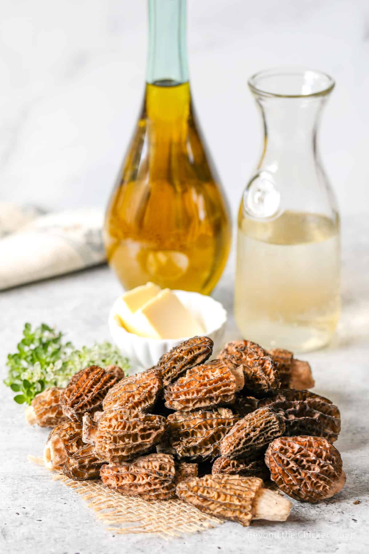 Morel mushrooms, butter, fresh herbs, wine and olive oil.