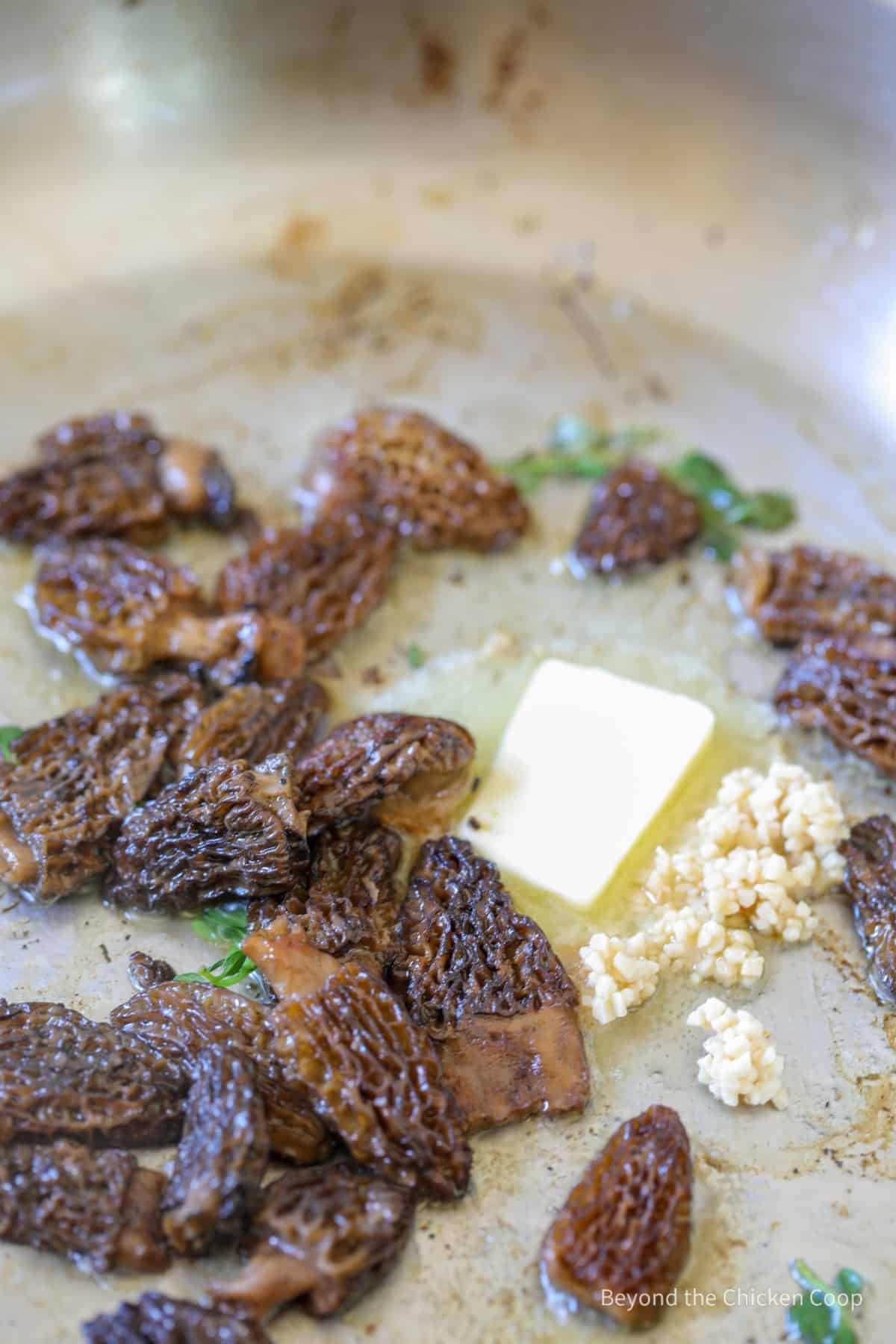 Morel mushrooms in a pan with butter and garlic.