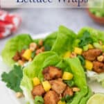 Three lettuce wraps filled with chicken.