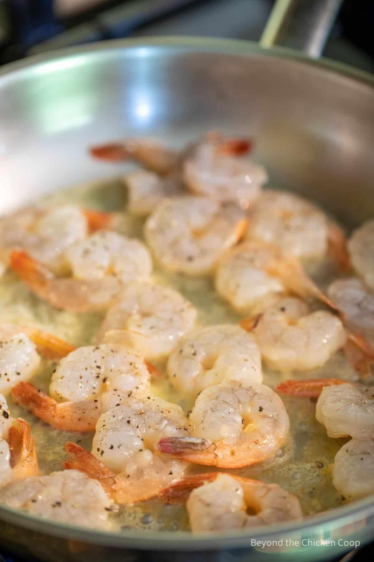 Shrimp in a frying pan.
