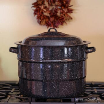 A large blue and white enamel pot on a stove.