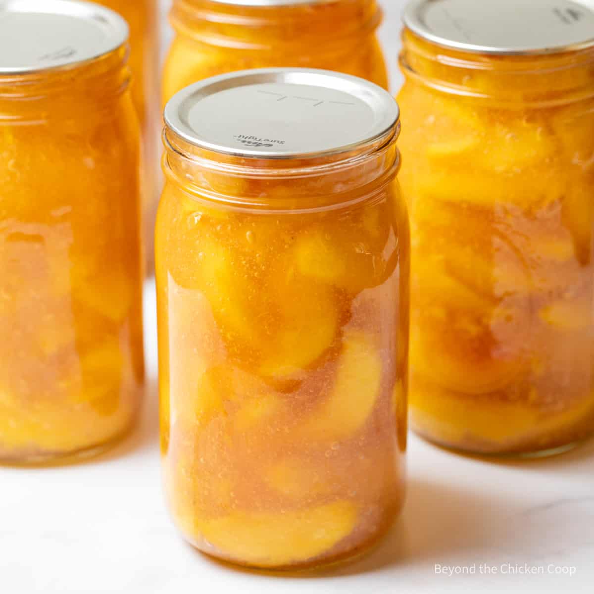 Canning jars filled with sliced peaches.