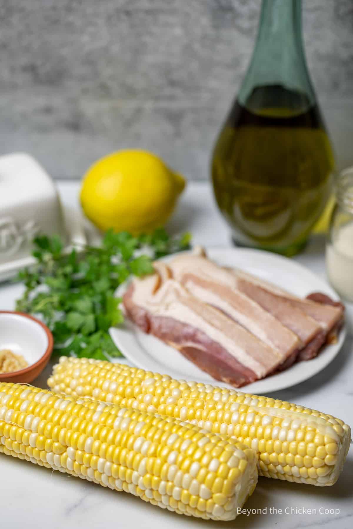 Corn on the cob next to bacon and fresh herbs. 