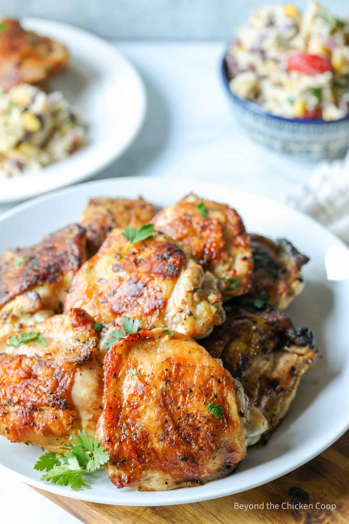 Chicken thighs on a plate.