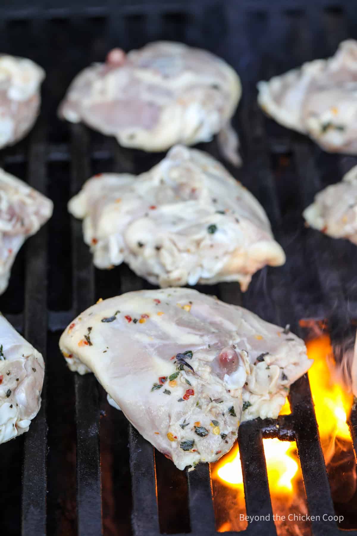 Chicken thighs on a gas grille with a small flame below the chicken.