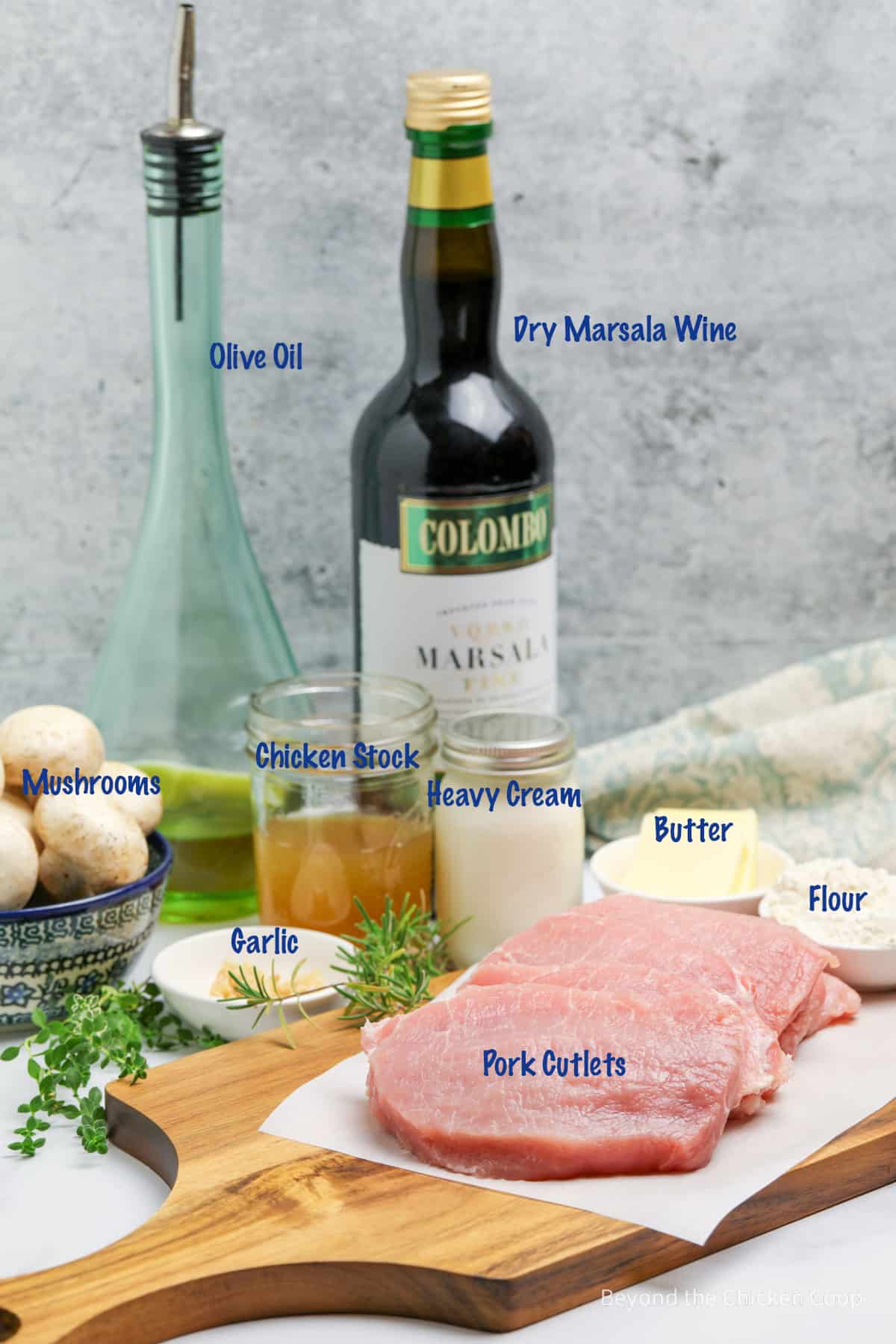 A display of ingredients for making pork marsala.