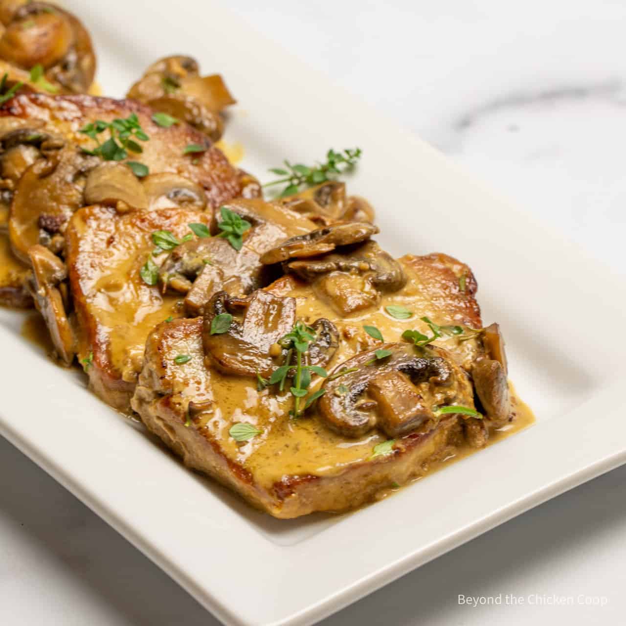 Pork tenderloin with mushrooms and a marsala sauce. 
