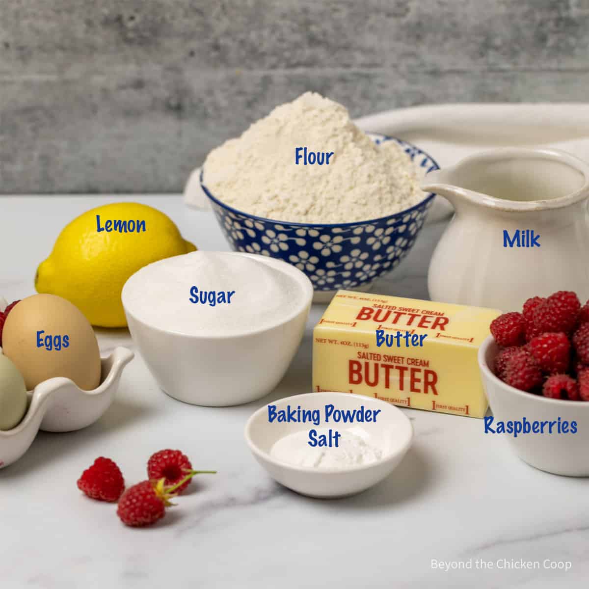 Ingredients for making raspberry lemon bread.