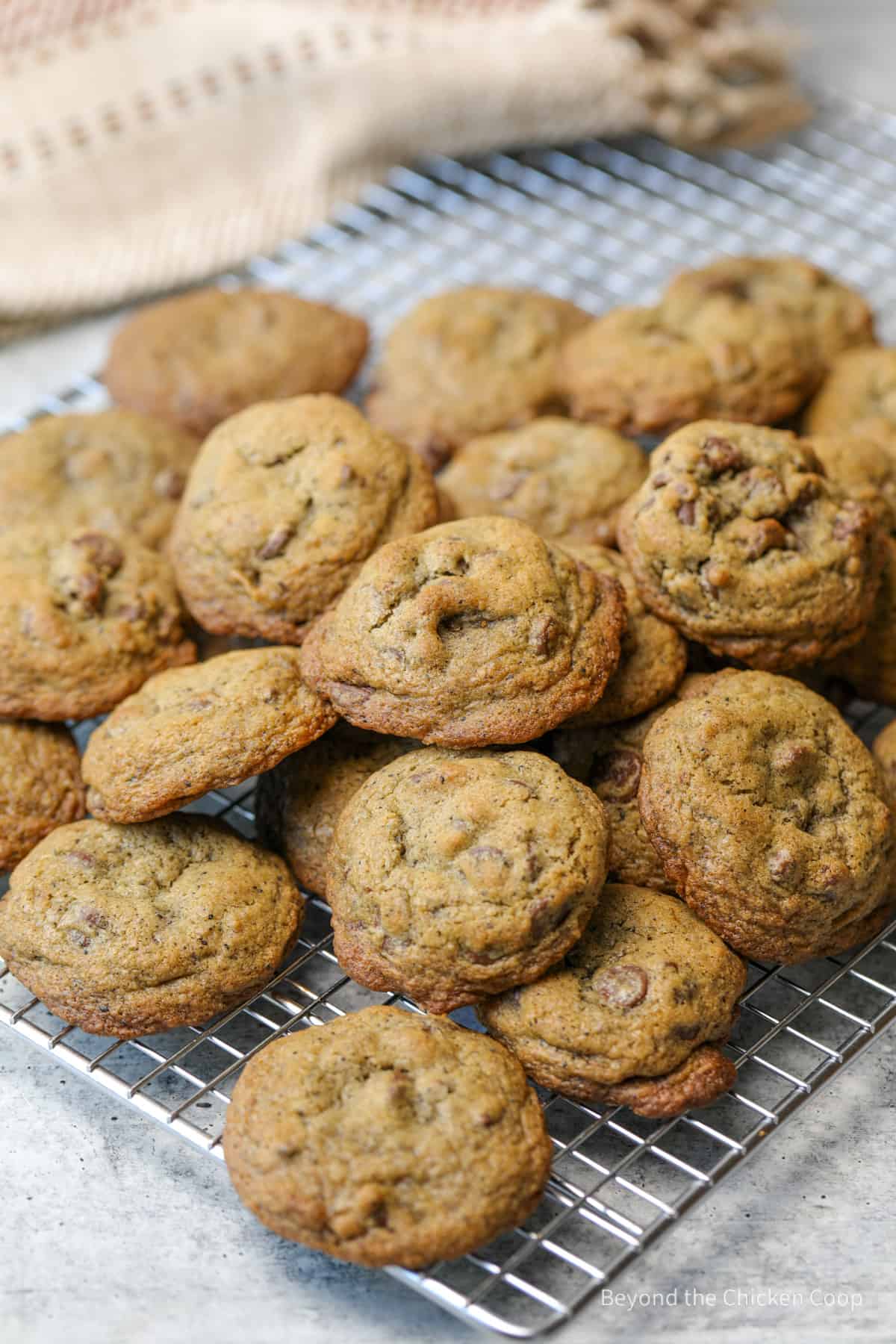 Cookies piled on a baking rack.