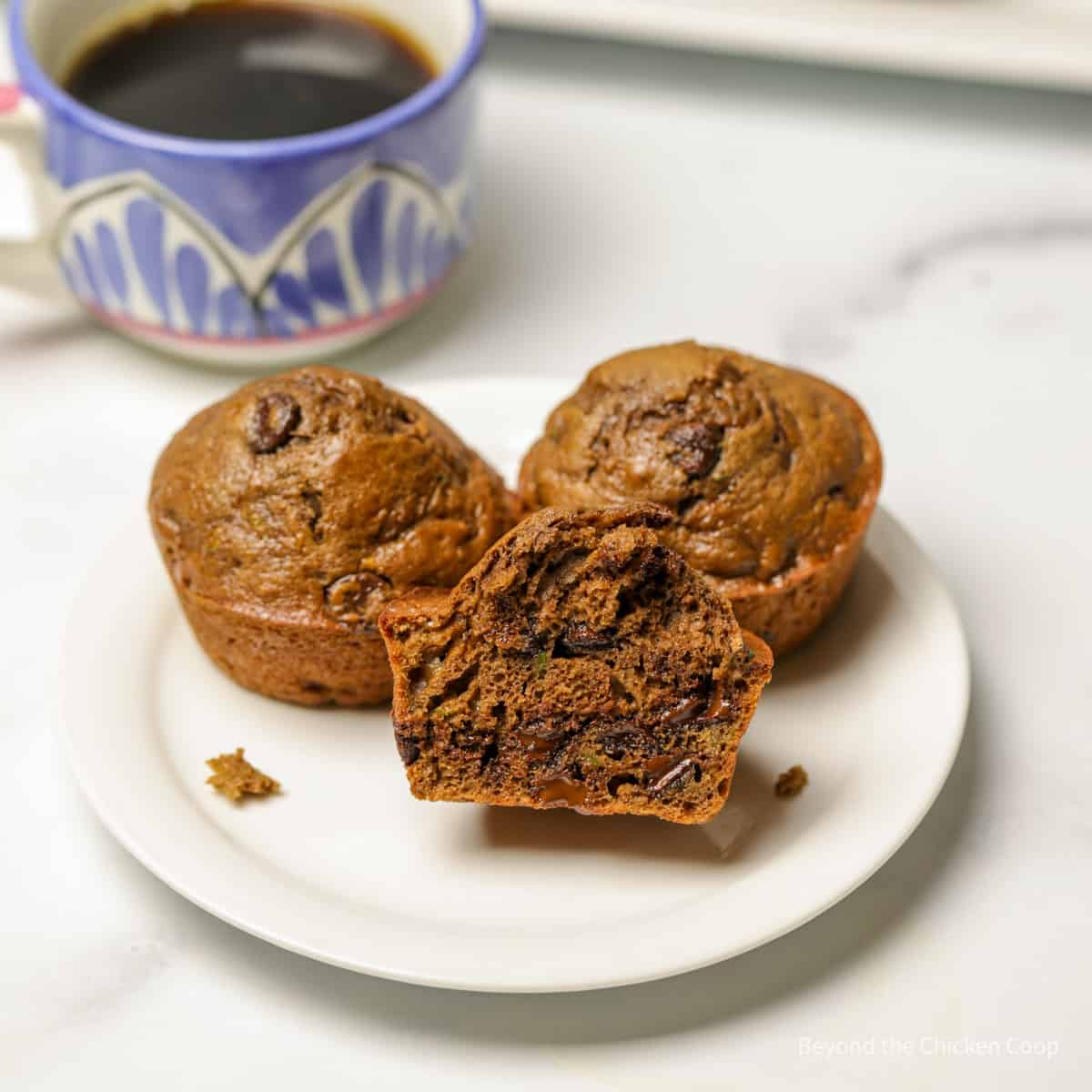 Chocolate muffins on a small white plate.
