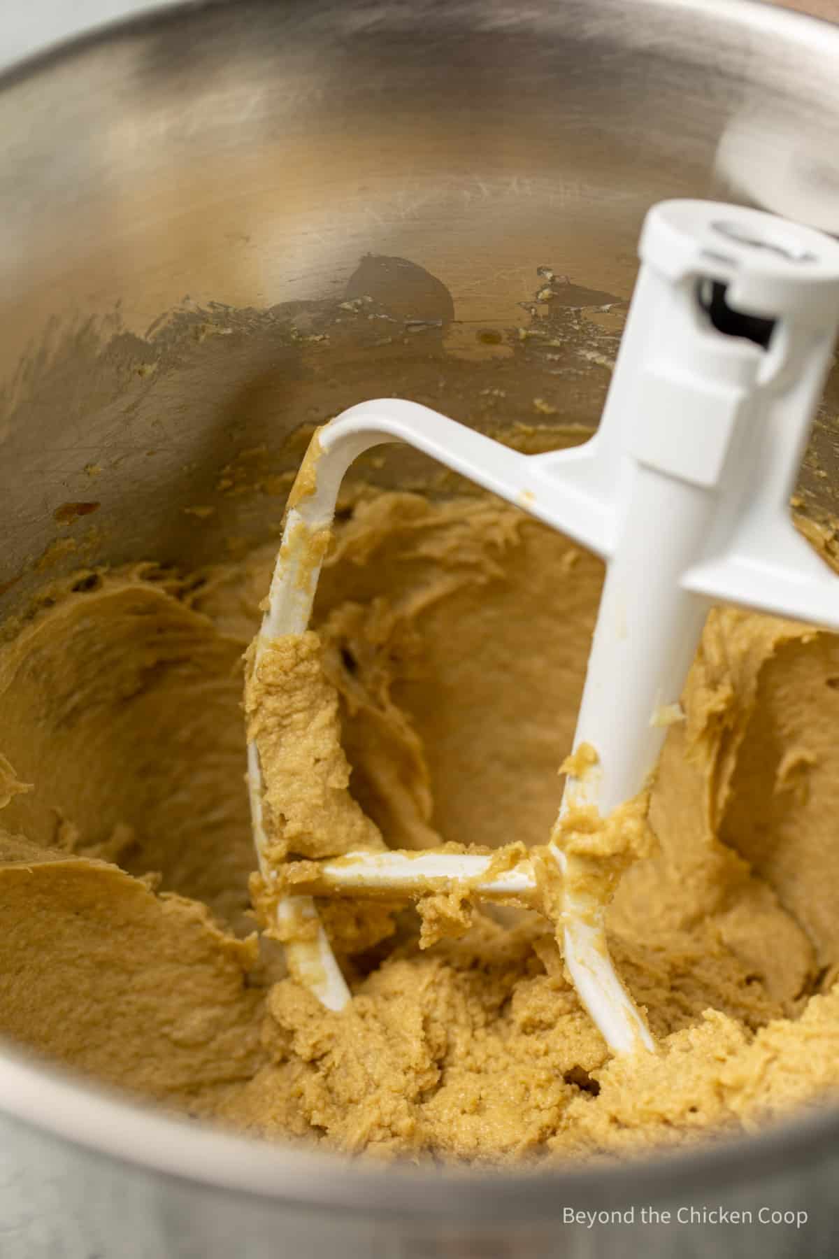 Cookie dough in a mixing bowl.