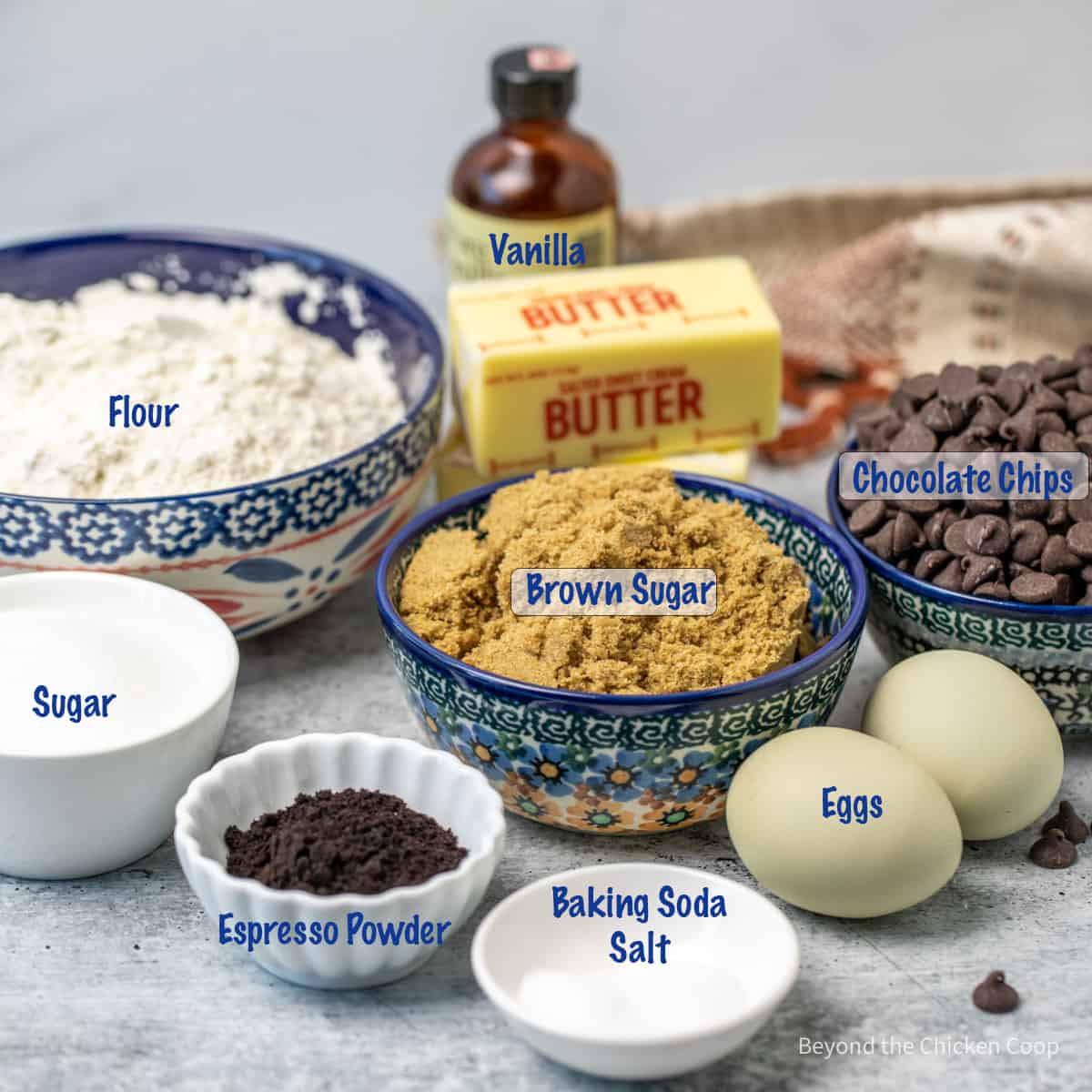 Ingredients for making chocolate chip cookies.
